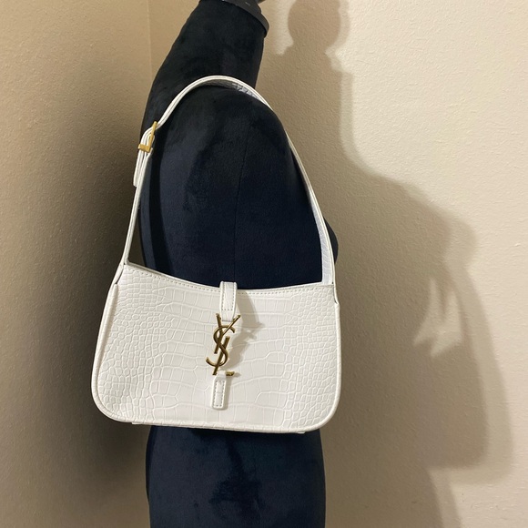Fashion White ParisLe 5 a 7 Croc Embossed Shoulder Bag with Gold Mono Accents - Picture 11 of 11